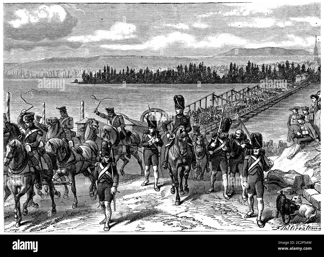 Rheinüberquerung durch die französische Armee, Vintage gravierte Illustration. Geschichte Frankreichs – 1885. Stockfoto