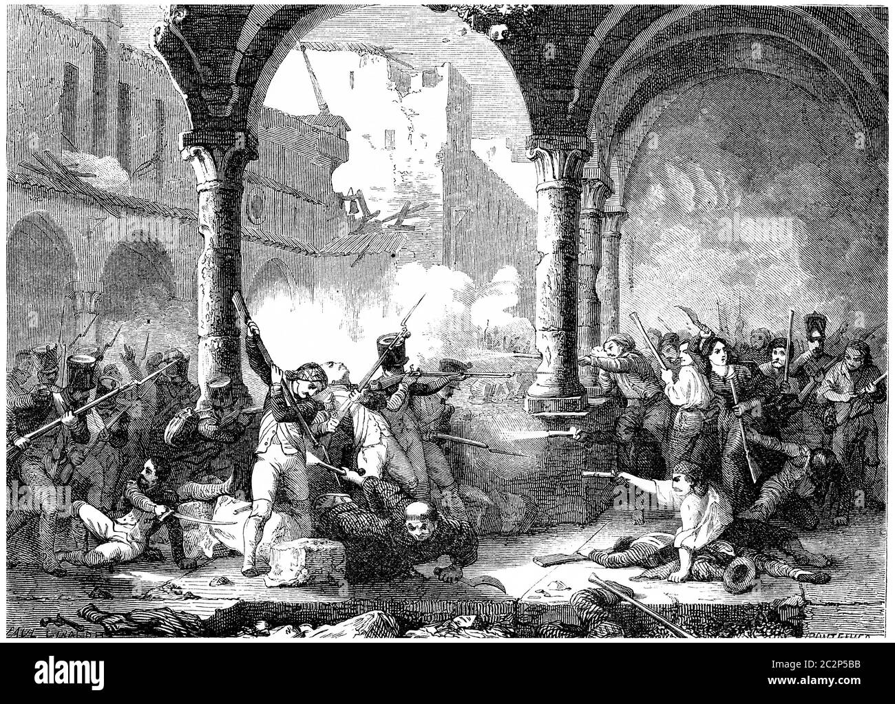 Belagerung von Saragossa, Illustration mit Weinlese. Geschichte Frankreichs – 1885. Stockfoto