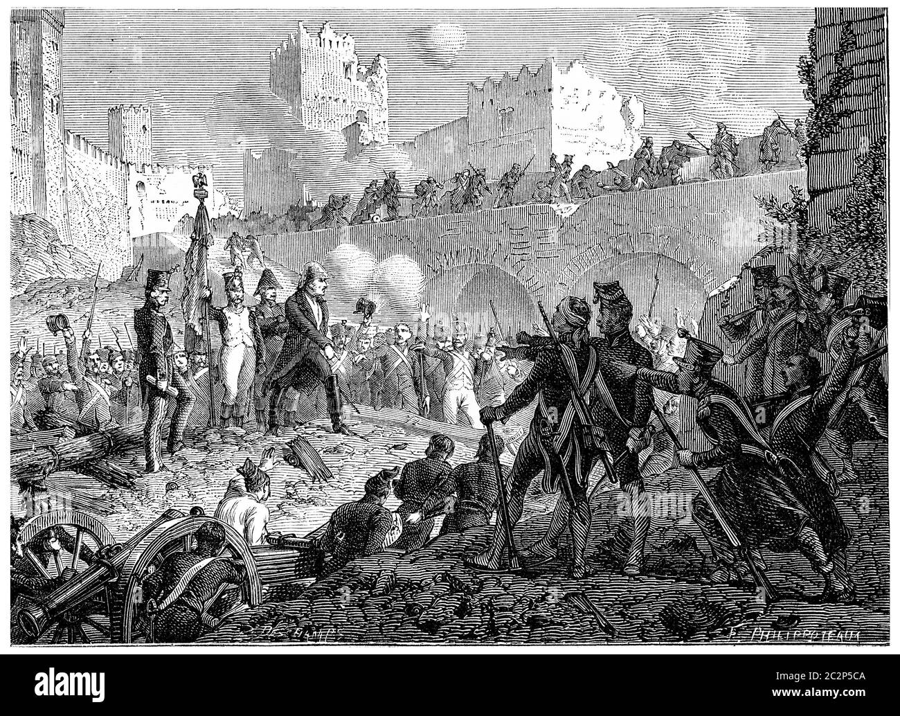 Resolution der Garnison von Badajoz sterben mit Waffen in der Hand, Vintage gravierte Illustration. Geschichte Frankreichs – 1885. Stockfoto