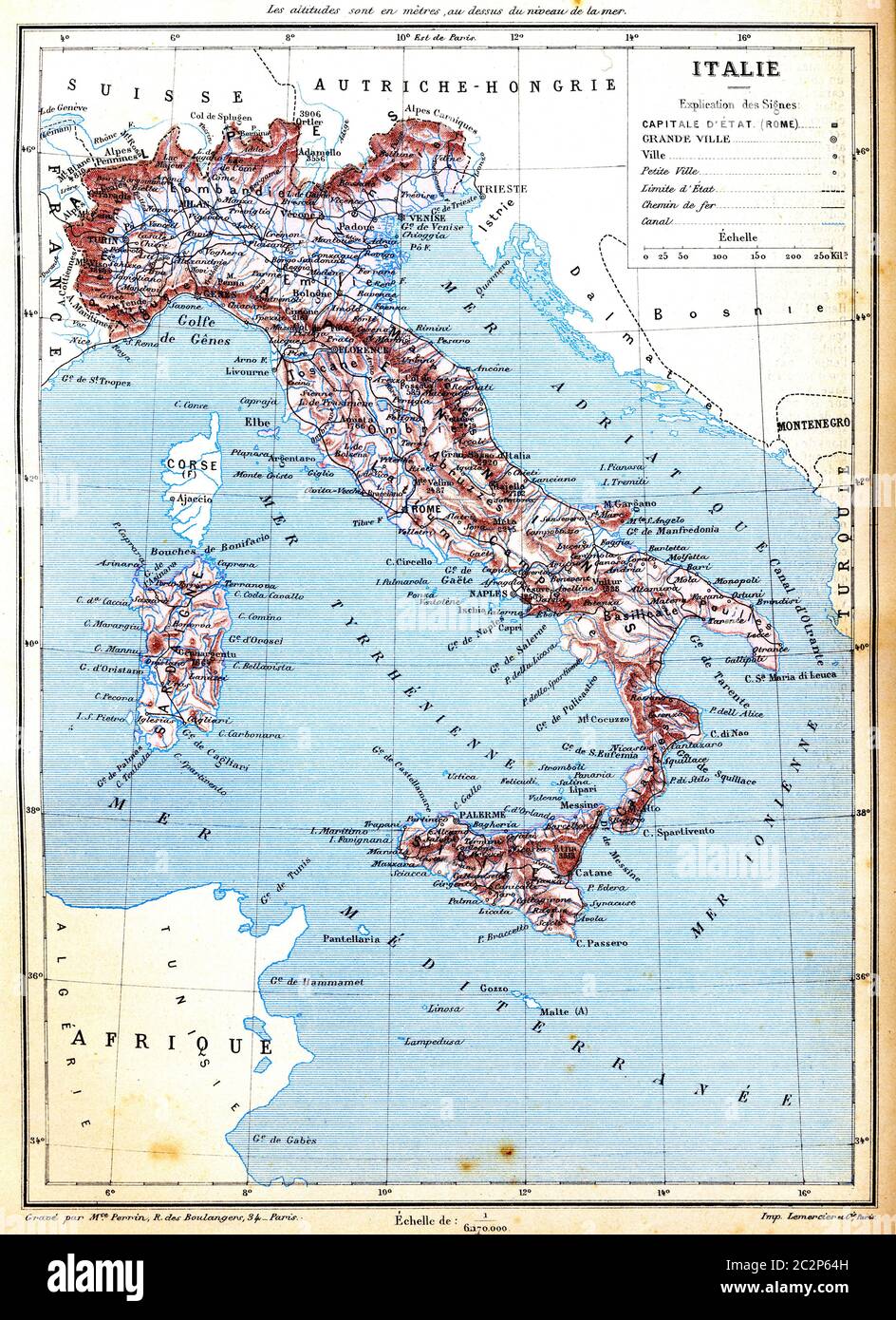 Die Karte von Italien mit Erläuterung der Zeichen auf der Karte. Stockfoto