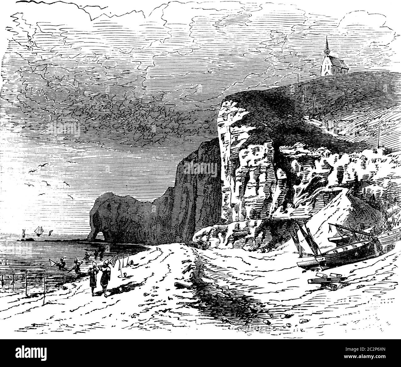 Der Strand von Etretat, graviert Vintage Illustration. Journal des Voyages, Reise-Journal (1879 / 80). Stockfoto