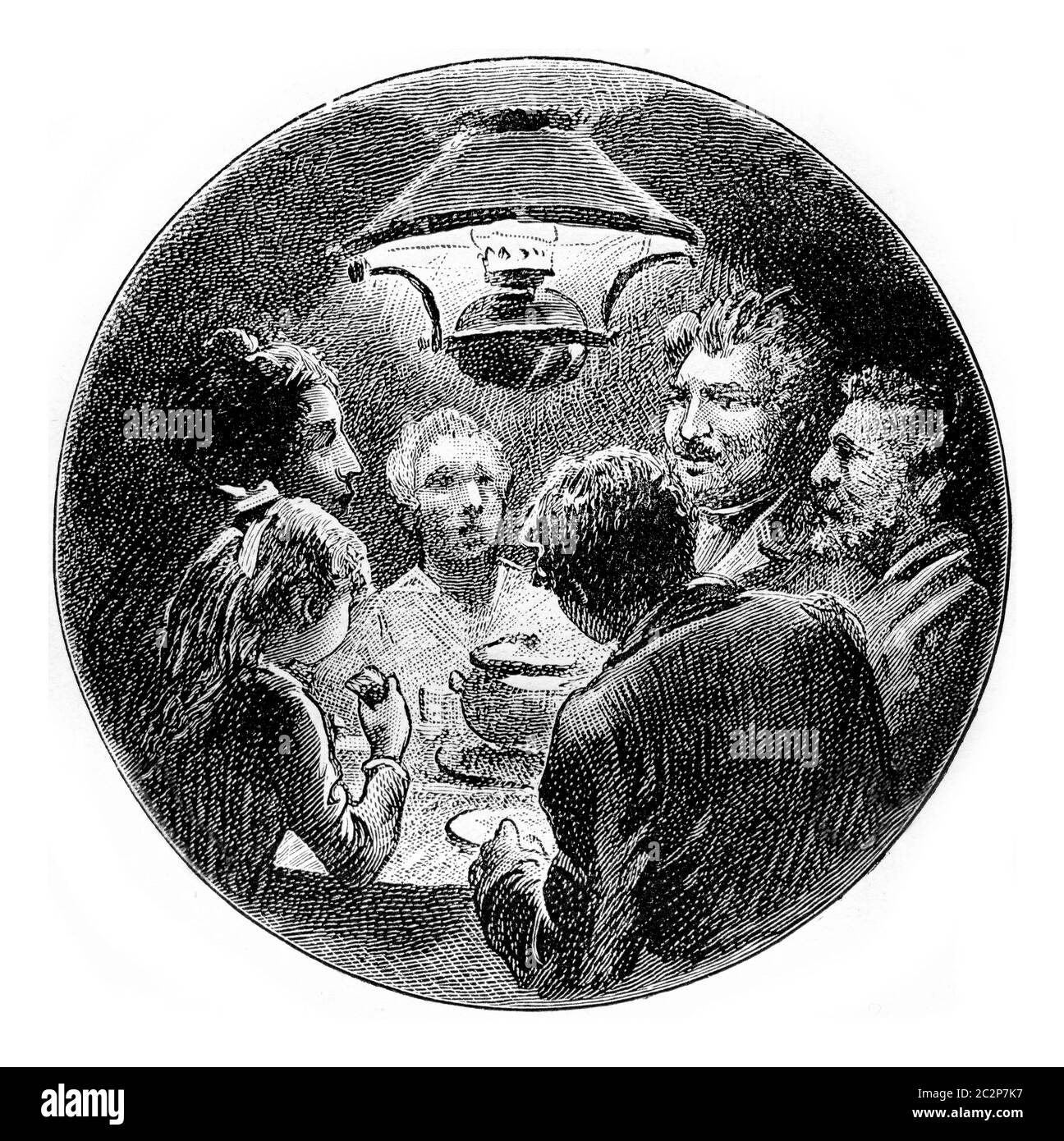 Eine Familie hatte sich eng um einen kleinen Tisch unter einer Lampe versammelt. Aus Jules Verne Cesar Cascabel, Vintage-Gravur, 1890. Stockfoto
