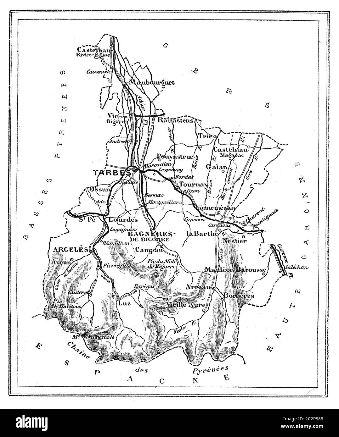 Karte des Departements Hautes-Pyrénées, Vintage gravierten Abbildung. Journal des Voyages, Reise-Journal (1880-81). Stockfoto