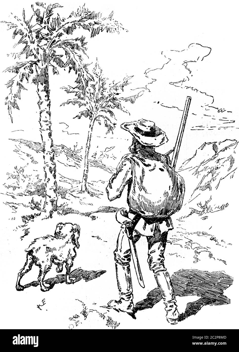 Narcissus Nicaise gefährliche Abenteuer im Kongo. Am Fuße einer herrlichen Dattelpalme, die er sein Gepäck, Vintage gravierte Illustration platziert. Stockfoto