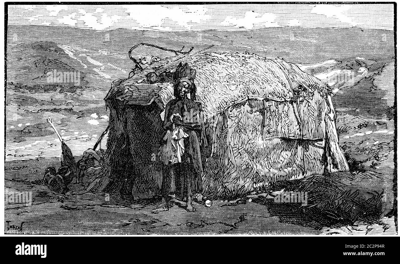 Wohnnomadische Somalis nahe Cape Guardafui, Vintage gravierte Illustration. Journal des Voyage, Travel Journal, (1880-81). Stockfoto