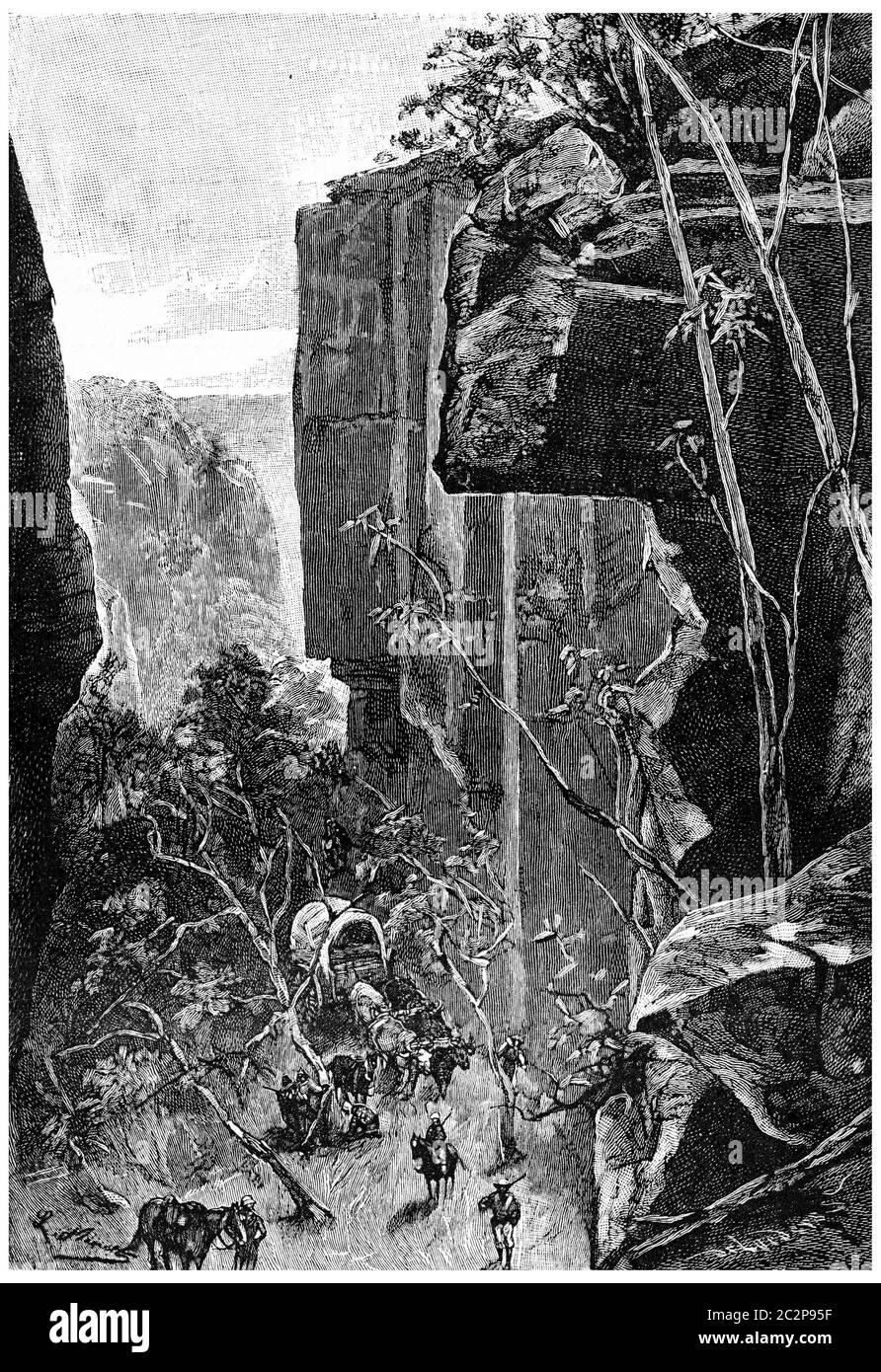Auf den schmalen Schluchten gelang es, von Schluchten geschnitten, Vintage gravierte Illustration. Jules Verne Herrin Branican, 1891. Stockfoto