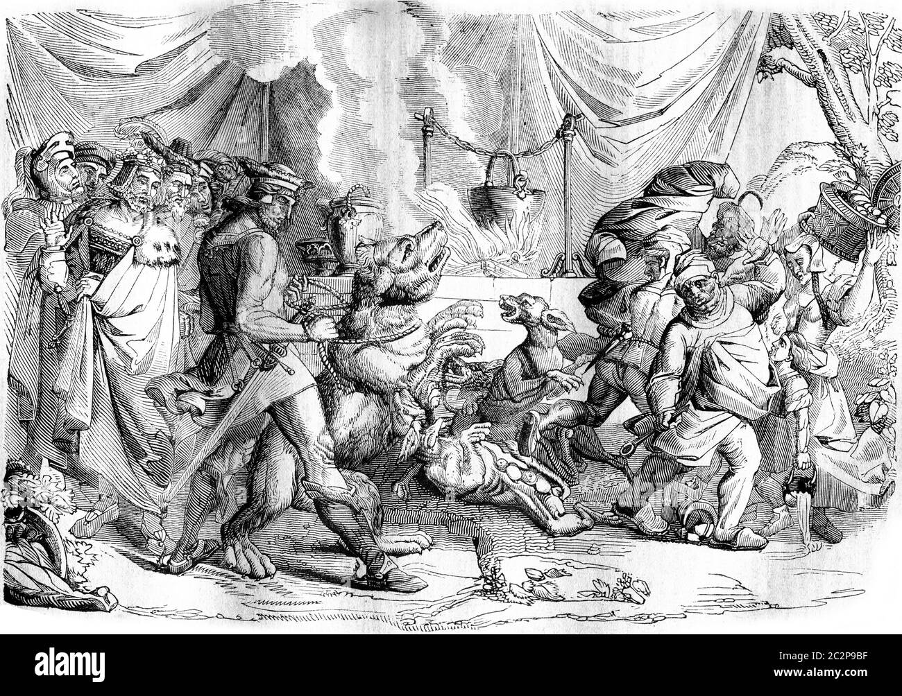 Eine Etappe des Gedichts der Nibelungen von Cornelius, siehe die Anleitung auf Cornelius, Vintage-gravierte Illustration. Magasin Pittoresque 1836. Stockfoto