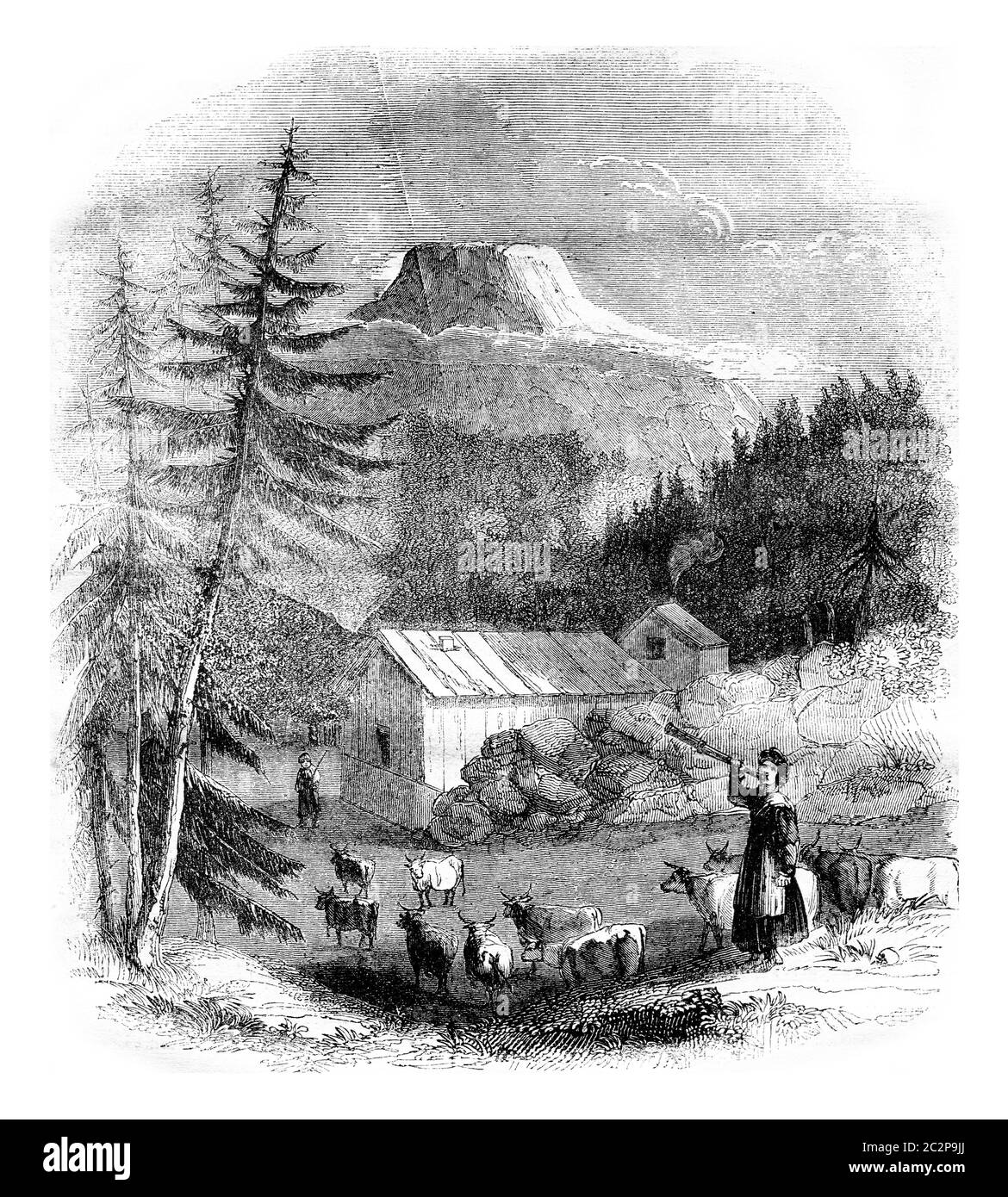 Blick auf den Berg Gousta im Westford dalen Tal in Norwegen, Illustration mit Weingravur. Magasin Pittoresque 1836. Stockfoto