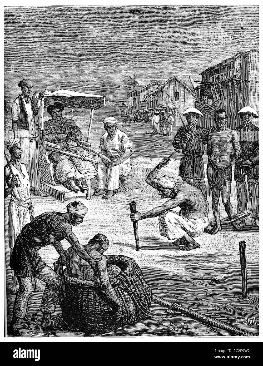Folter von zwei Piraten Tonkin, die zweite wurde zum Tode in einem Korb verurteilt, vintage gravierte Illustration. Journal des Voyage, Travel Journal, (1880 Stockfoto