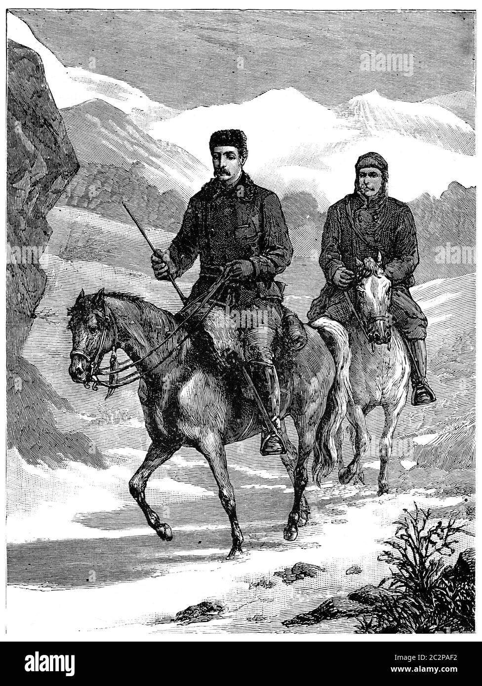 Colonel Burnaby Road to Khiva, Illustration mit Weingravur. Journal des Voyages, Travel Journal, (1880-81). Stockfoto