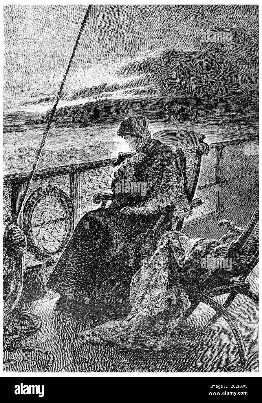 Mrs. Branican blieb an Deck, auf der Rückseite sitzend, vintage gravierte Abbildung. Jules Verne Herrin Branican, 1891. Stockfoto