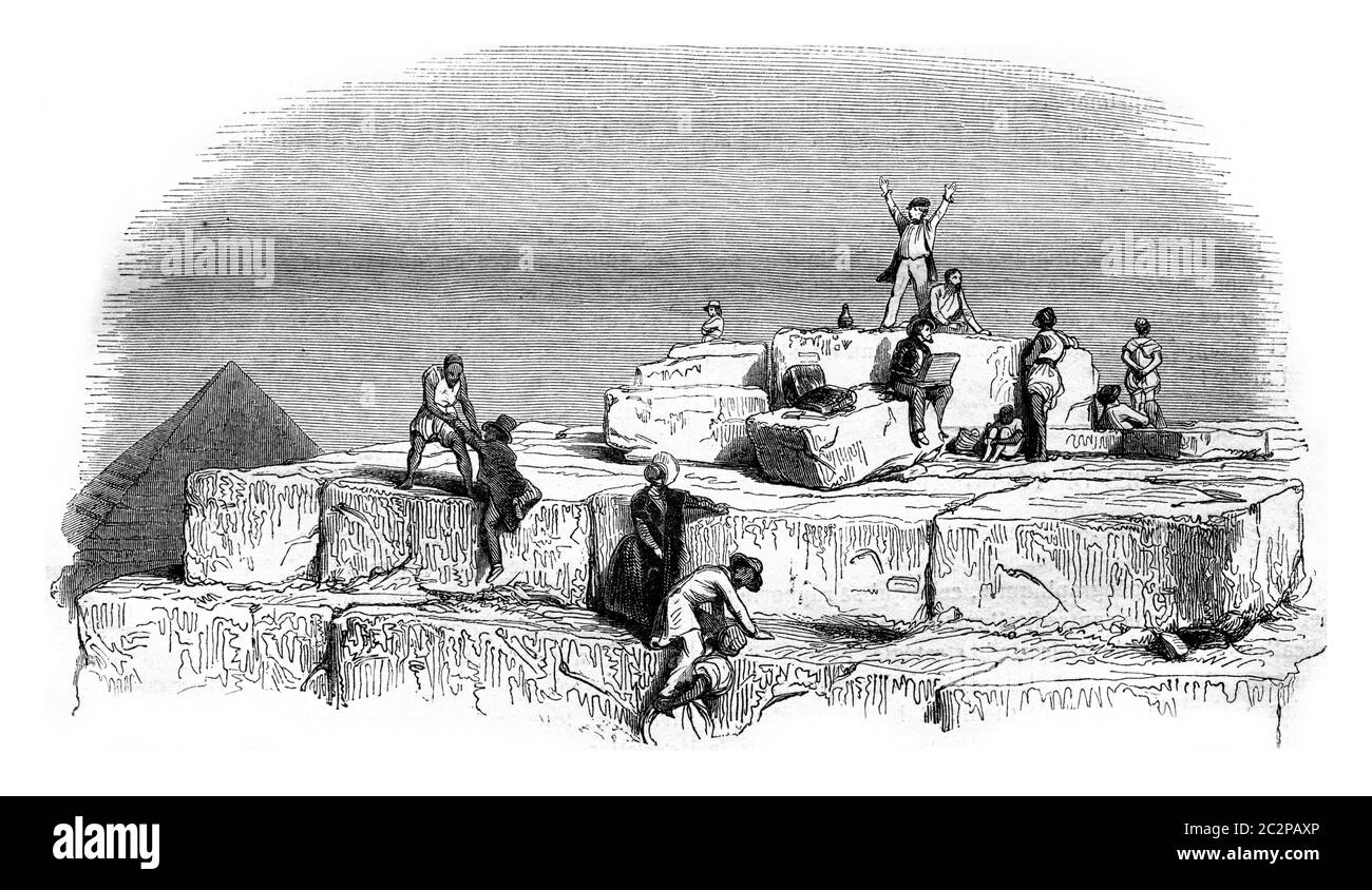 Plattform der Großen Pyramide, der Cheops, Vintage gravierte Illustration. Magasin Pittoresque 1843. Stockfoto