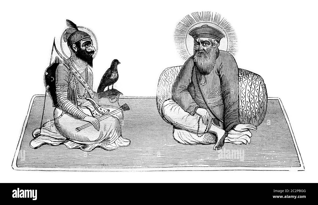 Guru Singh und Baba Nanak, Gründer der Sikh Religion, und nach einem orientalischen Gemälde, Vintage graviert Illustration. Magasin Pittoresque 1836. Stockfoto