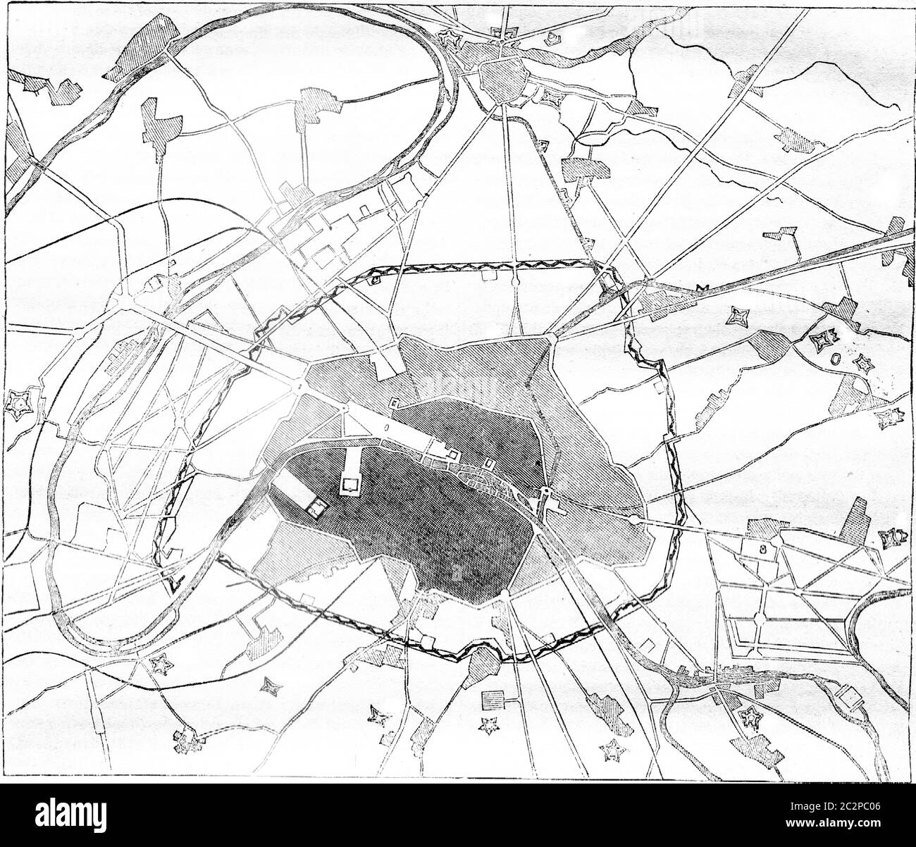 Karte der Befestigungsanlagen von Paris, Vintage-Grafik. Magasin Pittoresque 1841. Stockfoto