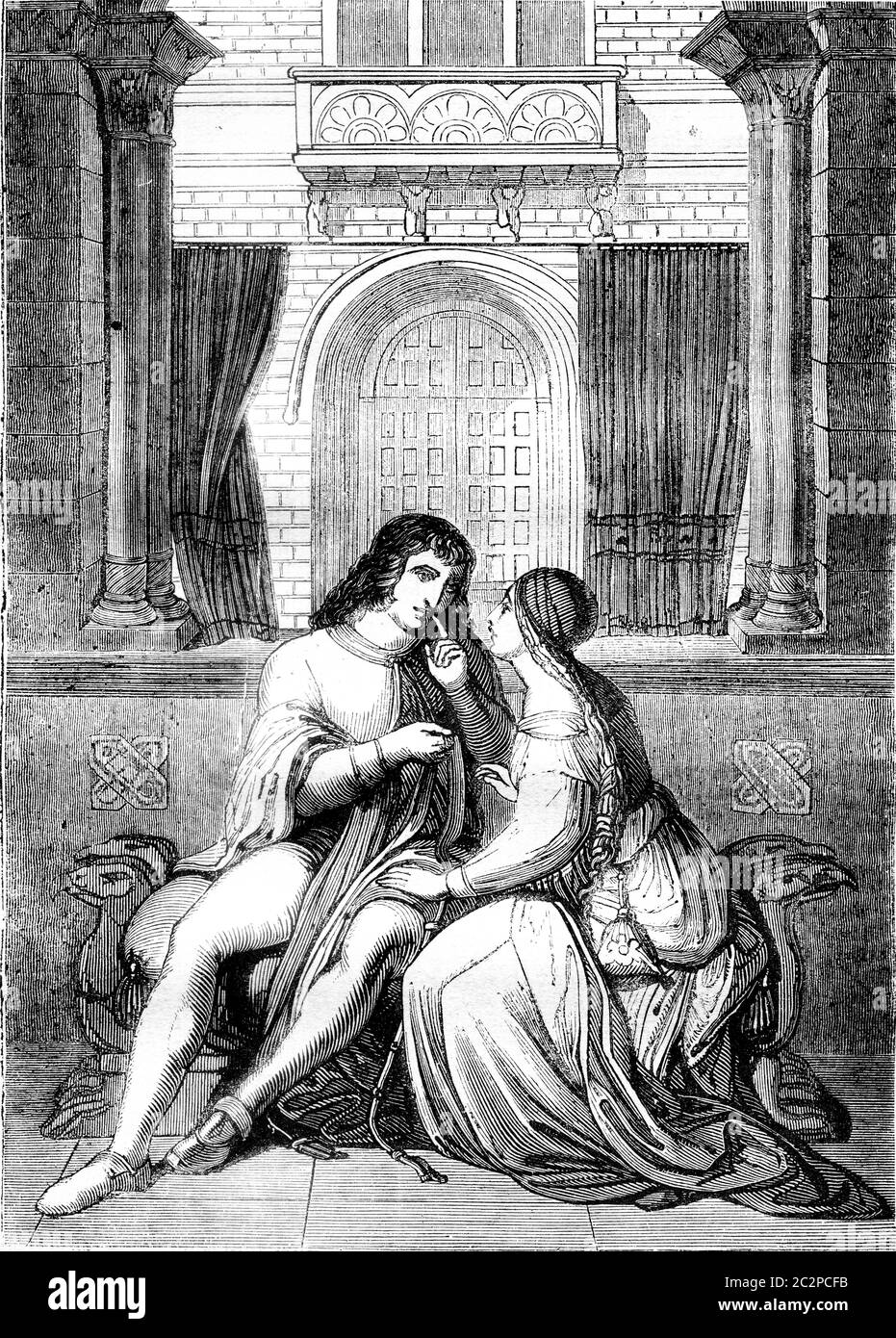 Eine Szene der nibelungen, Vintage gravierte Illustration. Magasin Pittoresque 1841. Stockfoto