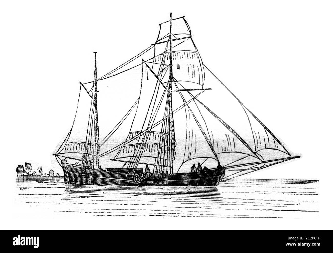 Galiote Holländisch landete, Liegeplätze auf Steuerbord, von der Seite gesehen, Vintage gravierte Illustration. Magasin Pittoresque 1841. Stockfoto