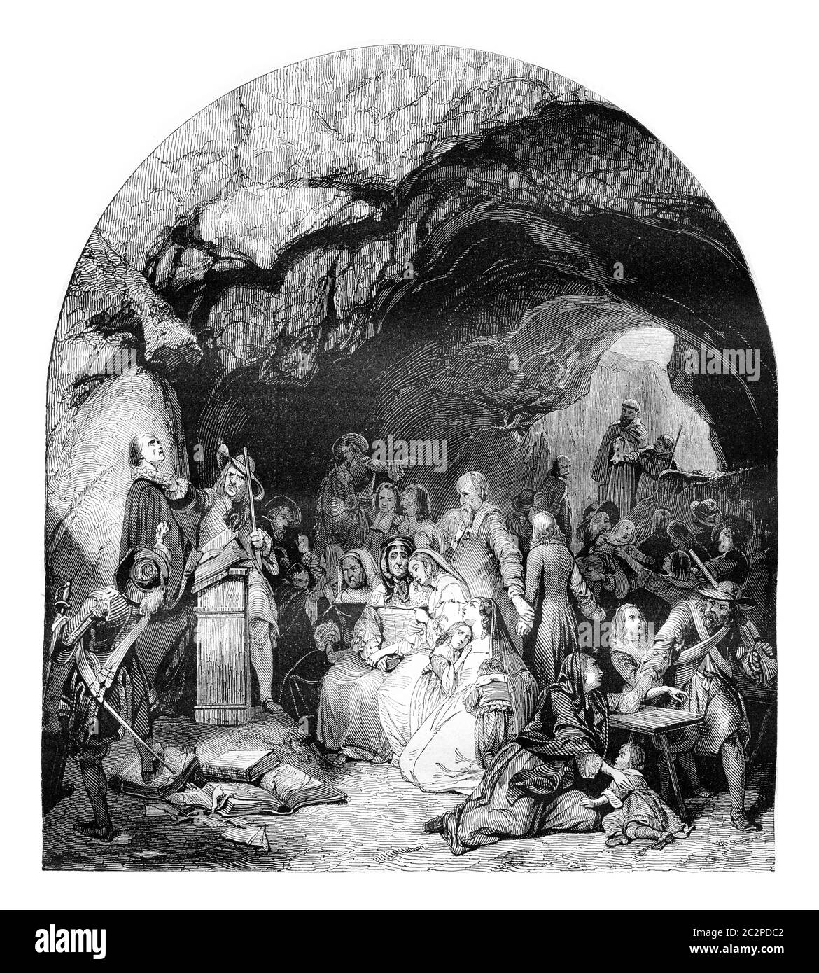 Eine Versammlung der protestantischen Überraschung durch katholische Truppen, Vintage gravierte Illustration. Magasin Pittoresque 1842. Stockfoto