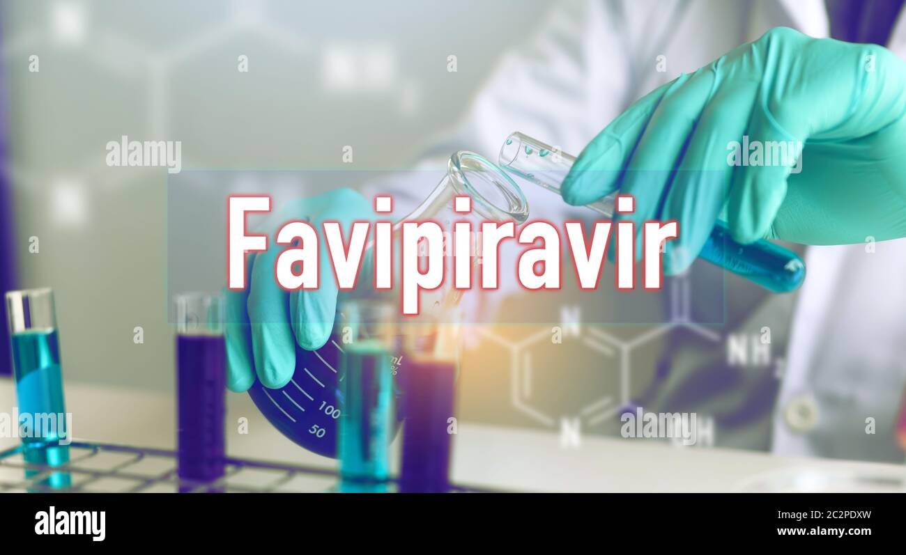 Die Forschungsergebnisse der antiretroviralen Therapie Favipiravir antivirales Medikament zur Bekämpfung COVID-19, Coronavirus. Stockfoto