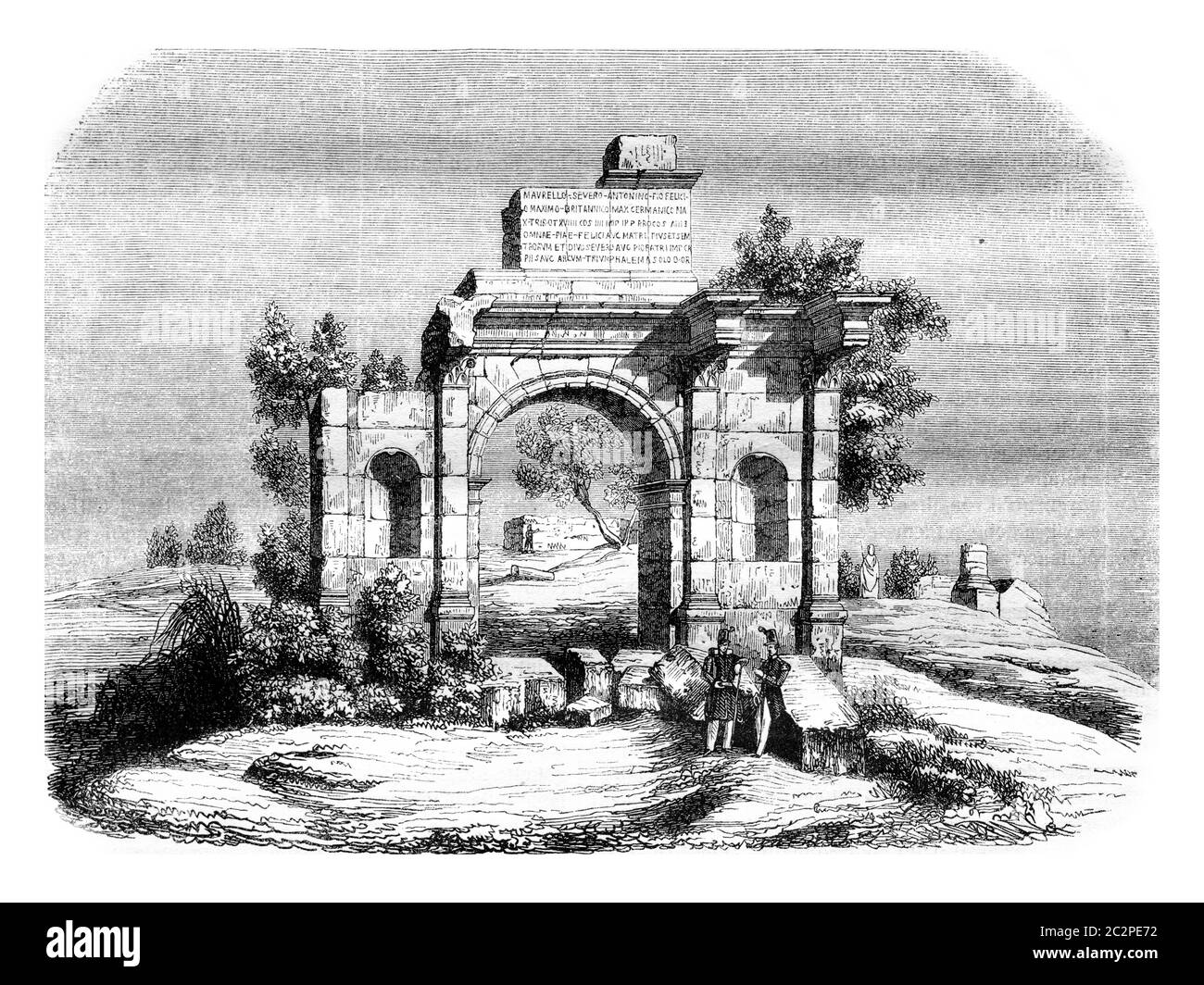Algerien, Djemila Triumphbogen, angegeben, nach Paris transportiert werden, Vintage gravierte Illustration. Magasin Pittoresque 1843. Stockfoto