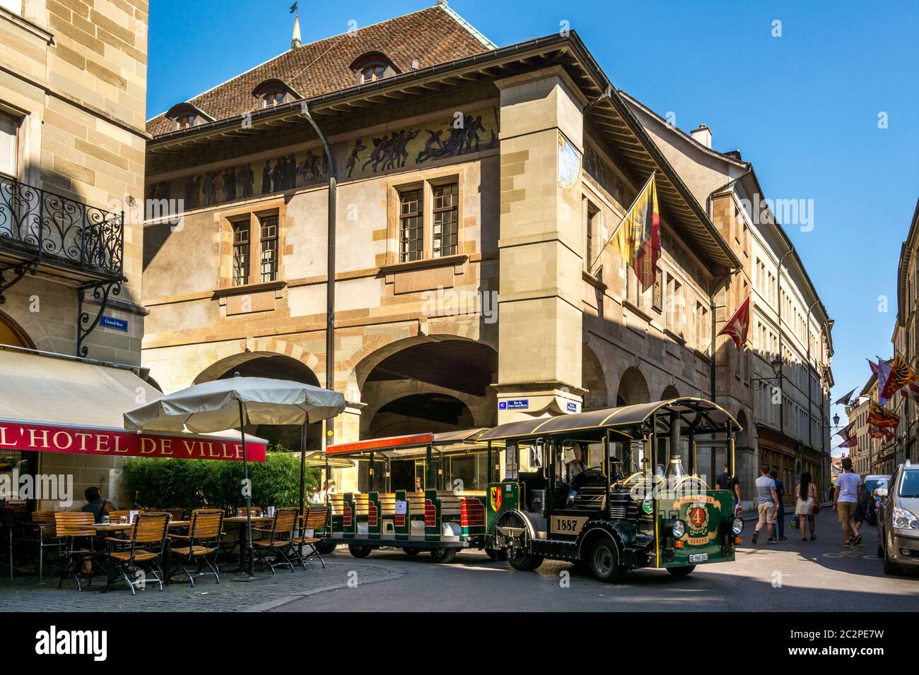 Alte Markthalle des Maison de Ville in der Altstadt von Genf, Straße der Straße von L'Hotel de Ville. Schweiz Stockfoto
