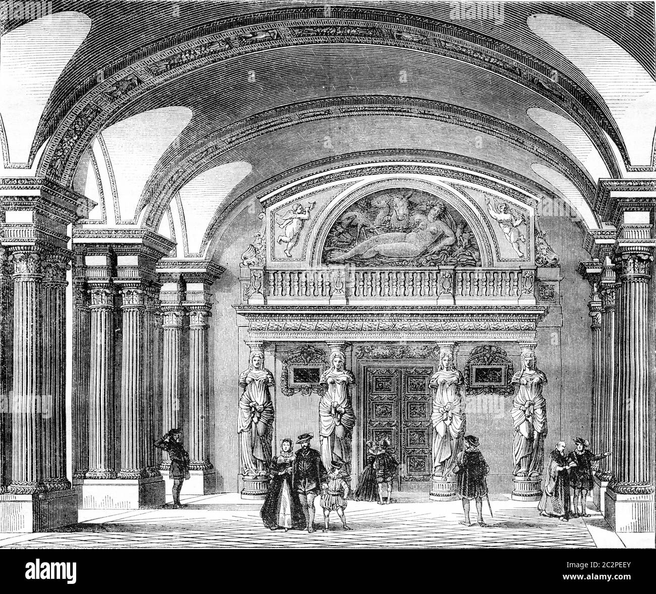 Innenansicht des Karyatidensaals im Louvre, Illustration mit Vintage-Gravur. Magasin Pittoresque 1843. Stockfoto