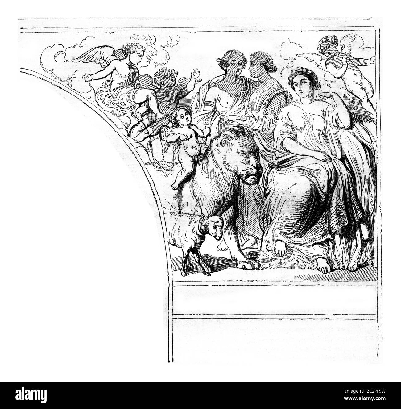 Zwei junge Frauen in der Hand, EINE Gruppe von Genies mene erlaubt einen Löwen und ein Lamm, Vintage graviert Illustration. Magasin Pittoresque 1844. Stockfoto