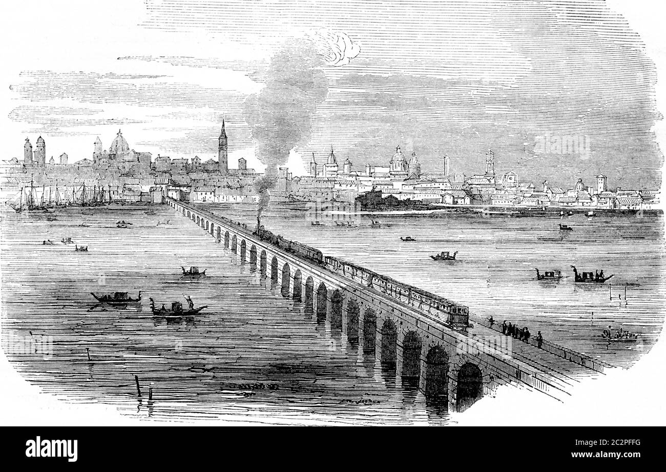 Venedig-Bahn, Viadukt auf den Lagunen, in Ausführung, vintage gravierte Abbildung. Magasin Pittoresque 1844. Stockfoto
