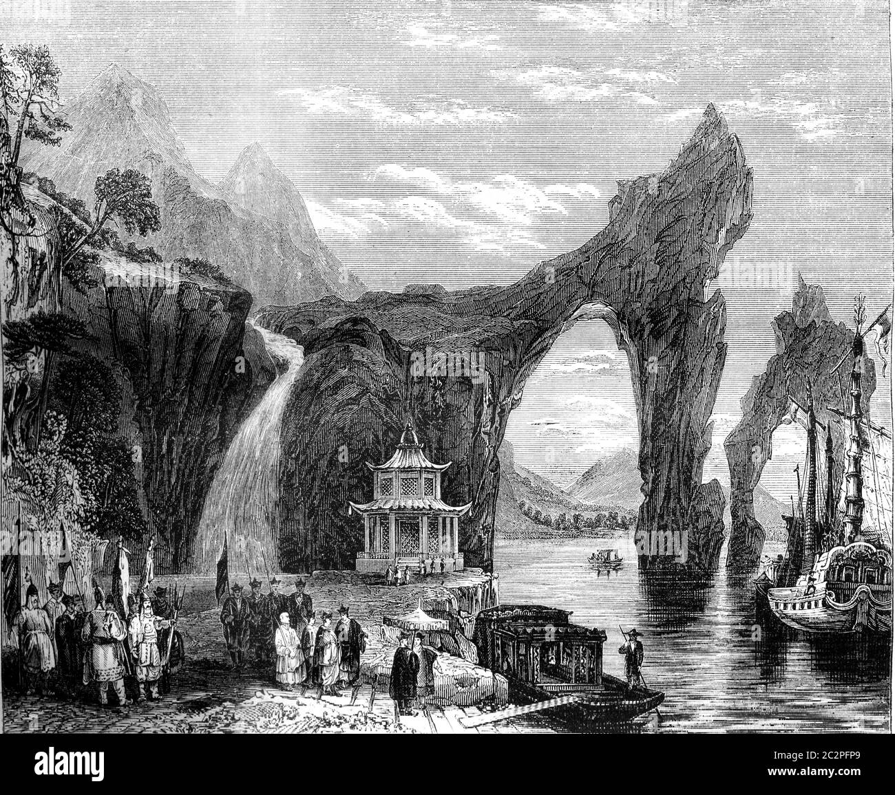 Chinesische Landschaft, Blick auf Tai-ho, Vintage gravierte Illustration. Magasin Pittoresque 1845. Stockfoto