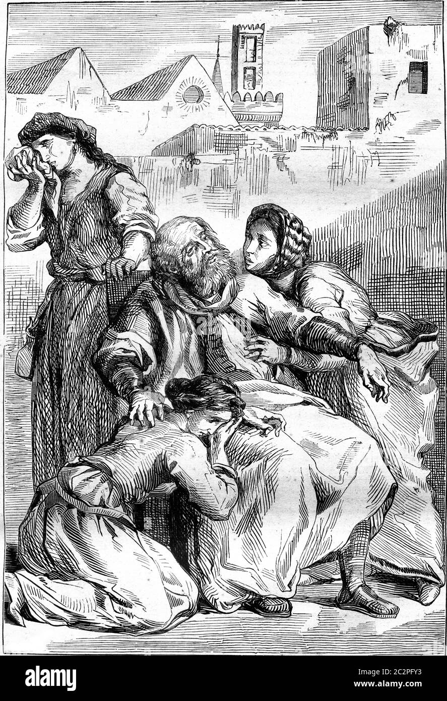 Goetz von Berlichingen, Akt V: Tod Goetz, Vintage gravierte Illustration. Magasin Pittoresque 1845. Stockfoto