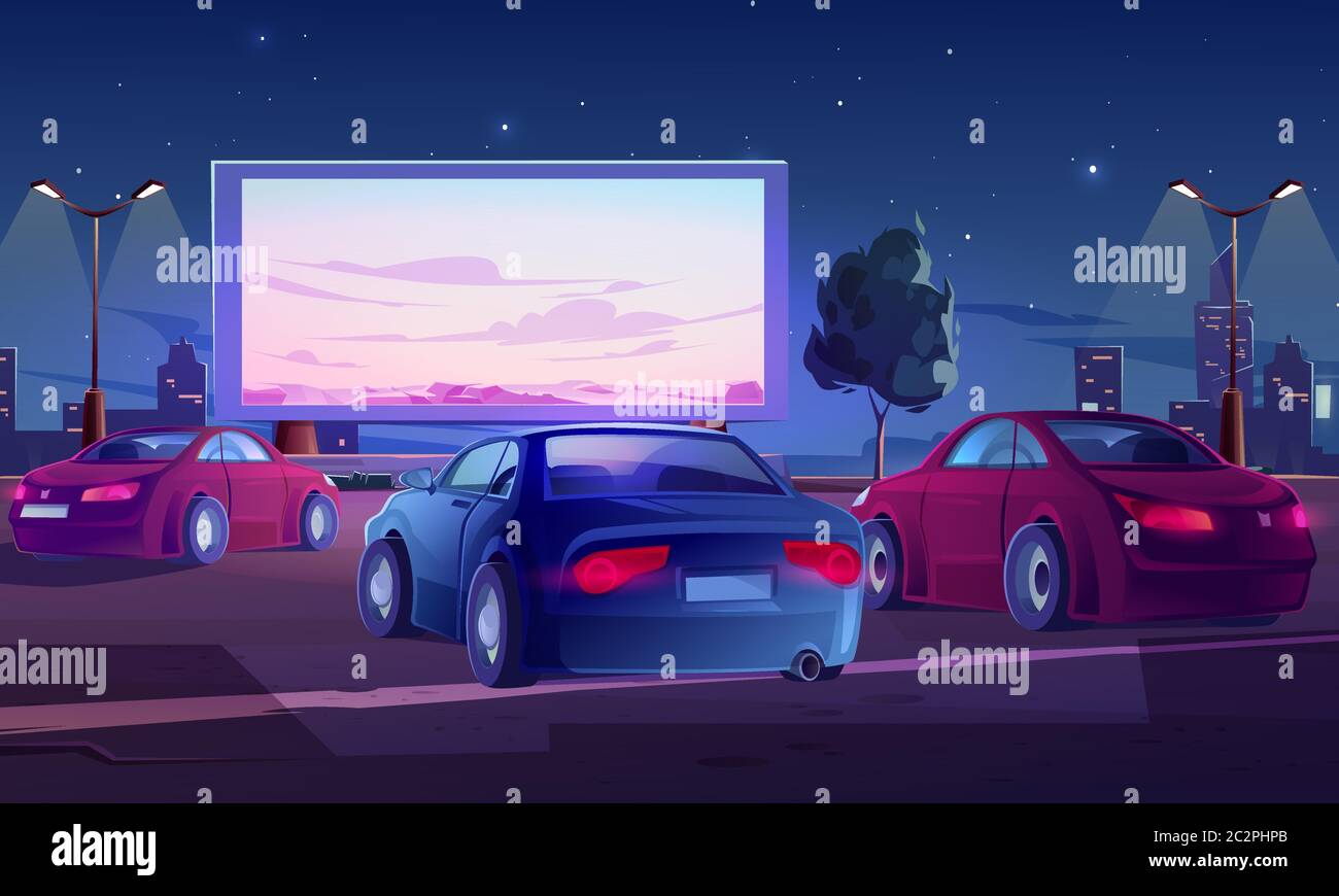 Auto Street Cinema. Drive-in-Theater mit Autos stehen in Open-Air-Parkplatz in der Nacht. Großer Outdoor-Bildschirm mit Naturszene glühen in der Dunkelheit auf Sternenhimmel Hintergrund Cartoon Vektor Illustration Stock Vektor