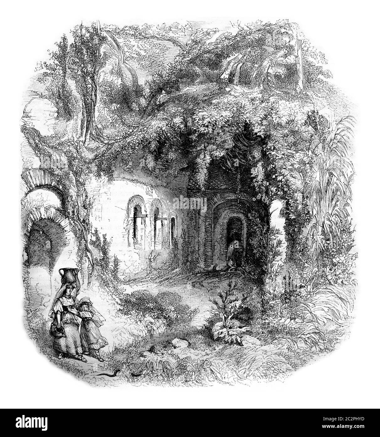 Die Grotte von Egeria bei Rom, Illustration mit Weinlese. Magasin Pittoresque 1861. Stockfoto