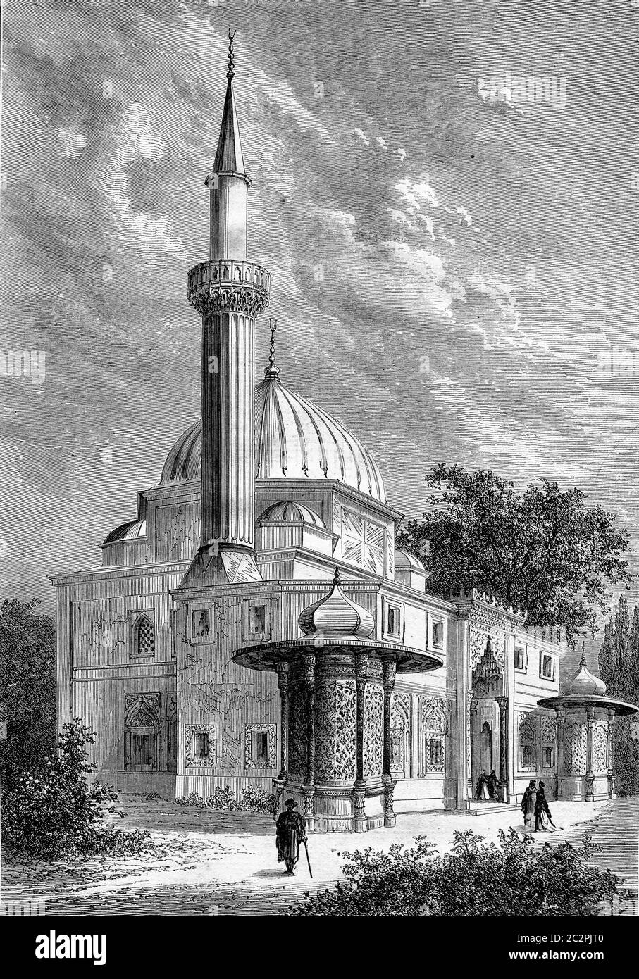 Weltausstellung, Moschee im Park, Vintage gravierte Illustration. Magasin Pittoresque 1867. Stockfoto