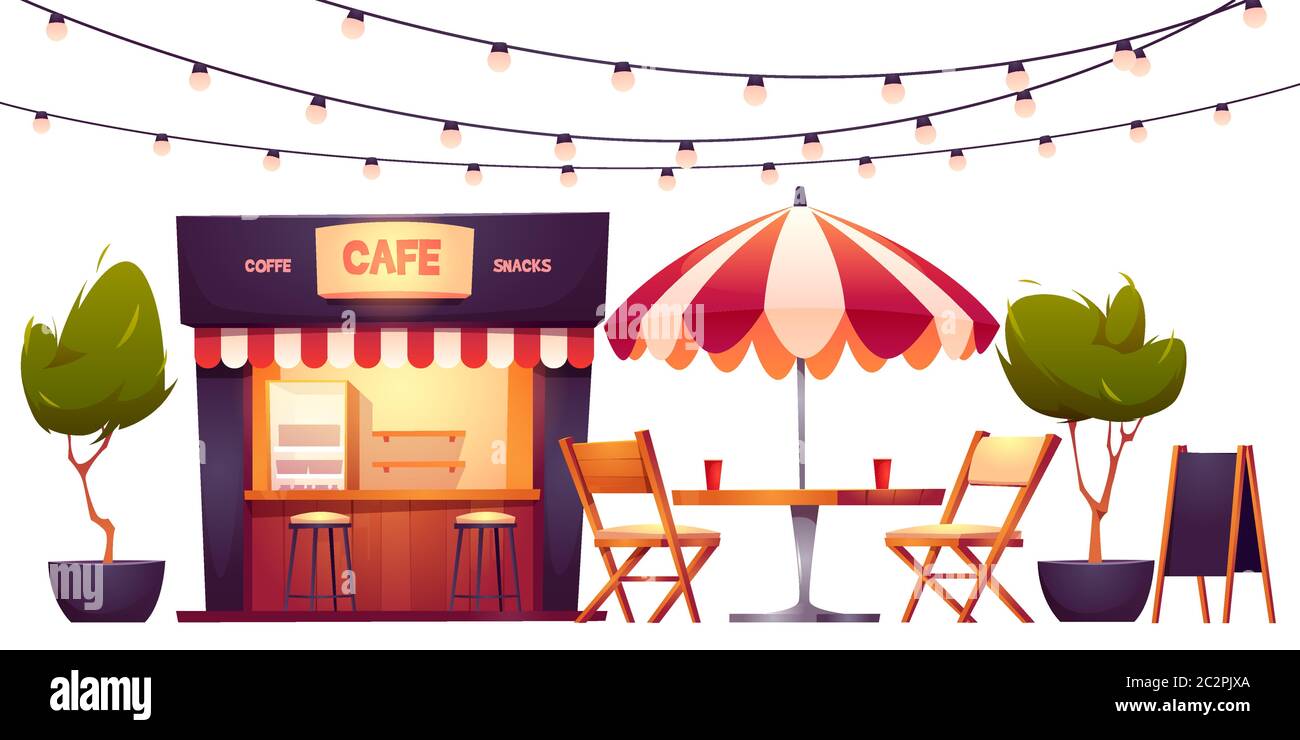 Café im Freien, Sommerkabine im Park, Kaffeehausstand mit Straßenessen Getränke und Snacks, Cafeteria mit Tisch, Stühlen, Sonnenschirm, Pflanzen, Beleuchtung Girlande und Menütafel, Cartoon-Vektor-Illustration Stock Vektor