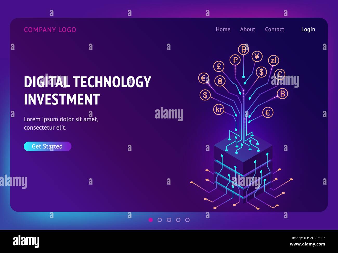 Isometrische Landing Page für Investitionen in digitale Technologien. Konzept für das Wachstum des Geschäftsgewinns, Rendite mit Geldbaum, Währungs- und Kryptowährungsmünzen auf Schaltkreisen, 3d-Vektor-Webbanner Stock Vektor