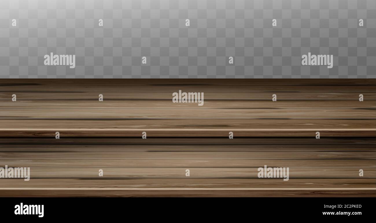 Vintage Schritt Tischplatte, alte Junk-Holz braun Arbeitsplatte mit gealterten zweistufigen Oberfläche. Esstisch aus Retro-Holz, Plank-Struktur. Leerer Schreibtisch isoliert auf transparentem Hintergrund, realistischer 3d-Vektor-Modell Stock Vektor