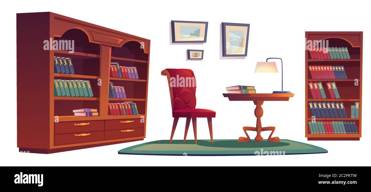 Bibliothek vip-Interieur-Set mit Bücherregal, Stuhl, Schreibtisch und Lampe. Vektor Cartoon Satz von alten Luxus-Möbel in der Hausbibliothek oder Büro mit Holz Bücherregale, Sessel, Teppich und Bilderrahmen Stock Vektor