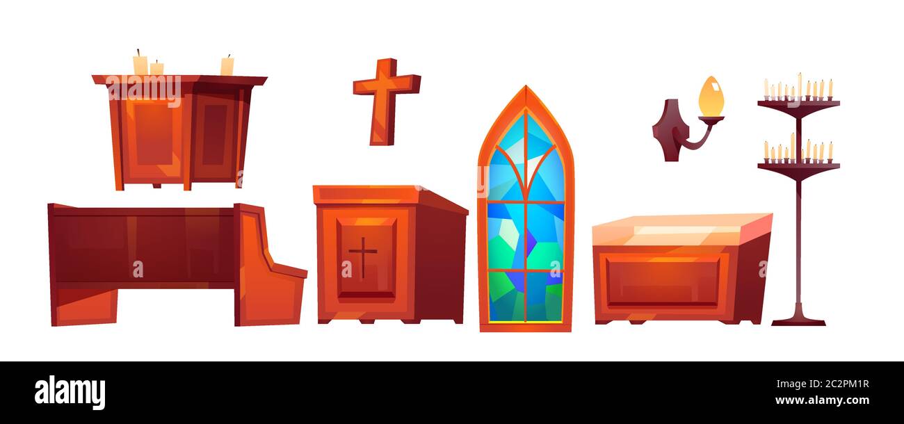 Katholische Kirche innen Inneneinrichtung Glasfenster, Altar und Holzbank, Kreuz, Tribüne, Wandlampe, Kerzen isoliert auf weißem Hintergrund. Cartoon Vektor Kathedrale Möbel und Accessoires Stock Vektor