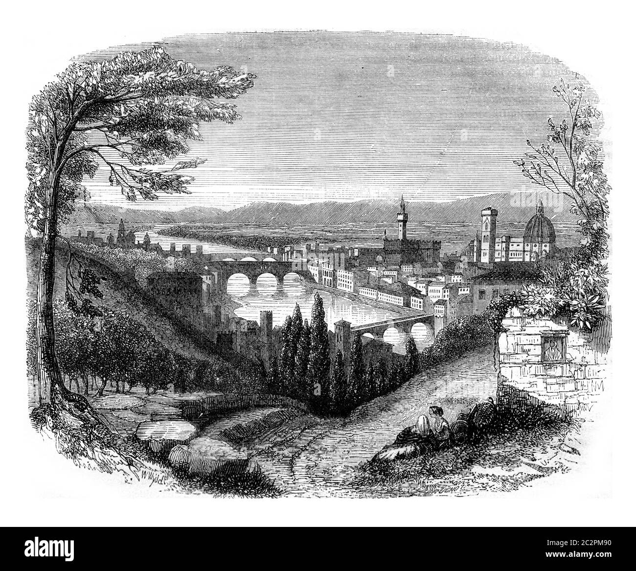 Florenz Ansicht von San Miniato, Vintage gravierte Illustration. Magasin Pittoresque 1845. Stockfoto