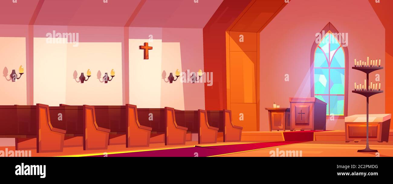 Katholische Kirche mit Altar, Holzbänke, hohen Bogenfenster und Kerzen. Vektor-Cartoon-Illustration der Kathedrale im Inneren, alten Raum für religiöse beten mit Kanzel für Priester Stock Vektor