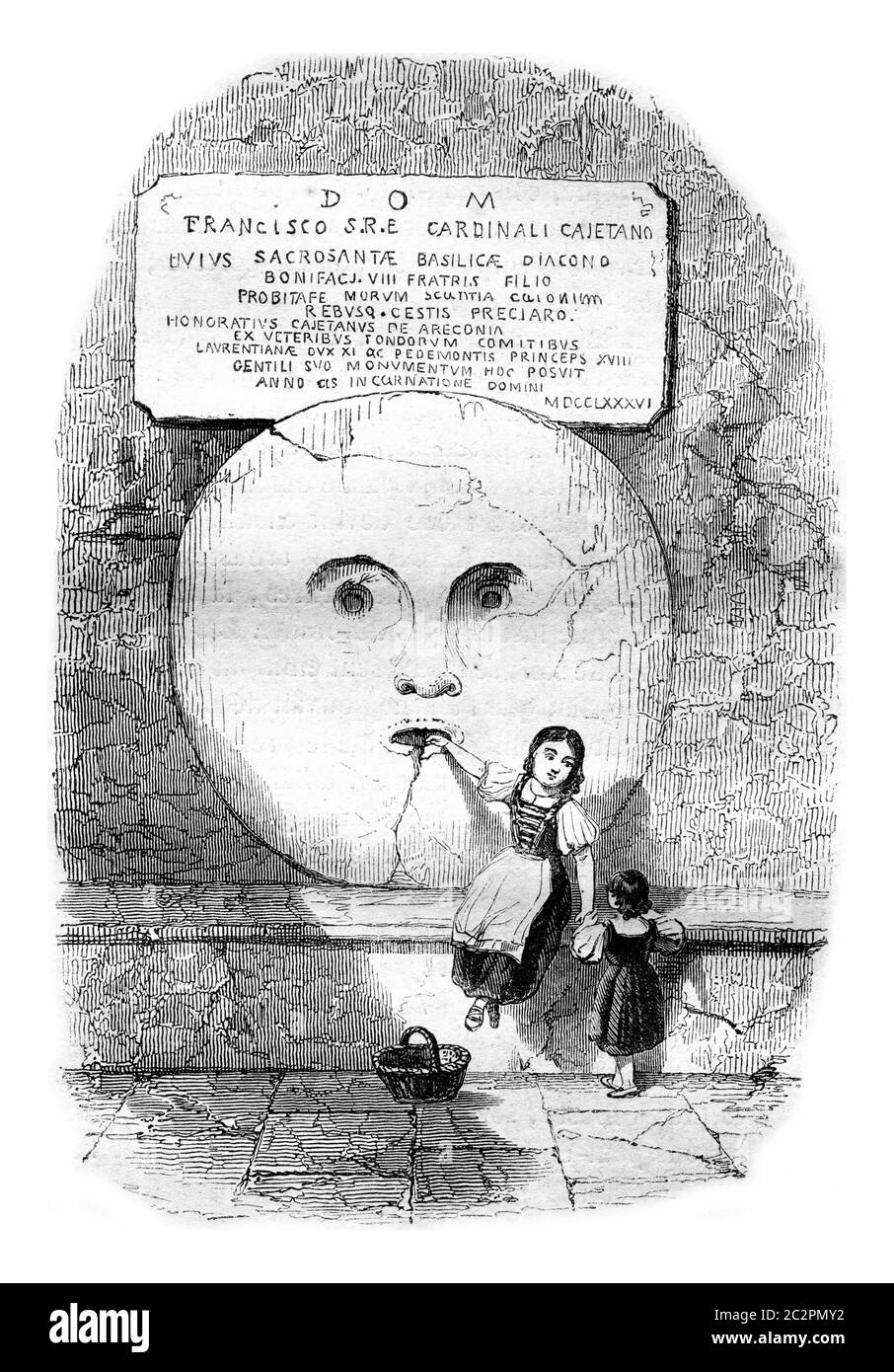 Der Mund der Wahrheit, unter dem Peristyl von Santa Maria in Cosmedin, in Rom, Vintage graviert Illustration. Magasin Pittoresque 1846. Stockfoto