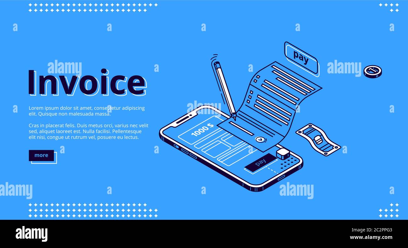 Isometrische Zielseite der Rechnung. Große Rechnung für Steuer- oder Servicezahlung und Smartphone-Bildschirm mit Schnittstelle. Einkaufen, Banking, Buchhaltung Gehaltsscheck, intelligente Technologien 3d Vektor-Linie Kunst Web-Banner Stock Vektor