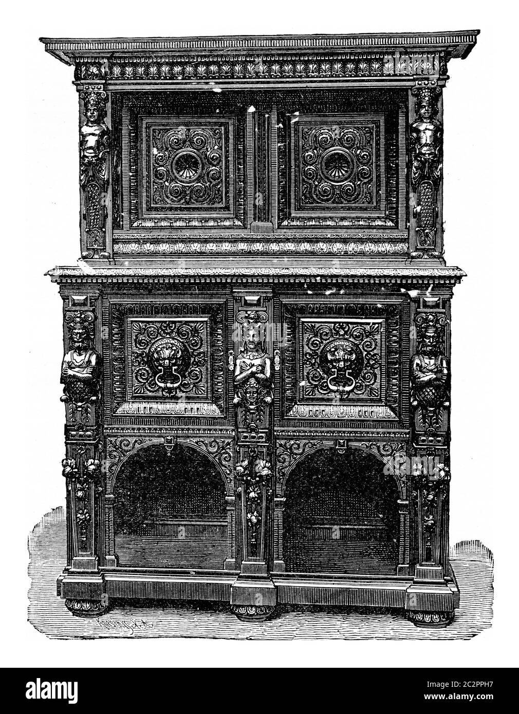 Geschnitzter Schrank aus Nussbaum, Vintage gravierte Abbildung. Industrielle Enzyklopädie E.-O. Lami - 1875. Stockfoto