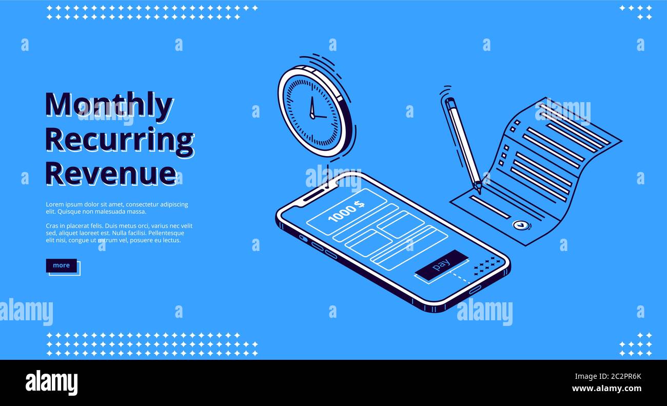 Banner für monatliche wiederkehrende Einnahmen. Fixgewinn und -Zahlungen, MRR-Konzept. Vektor Landing Page von wiederkehrenden Einkommen mit isometrischen Symbolen von Rechnungen auf Smartphone-Bildschirm und Zeiterinnerung Stock Vektor