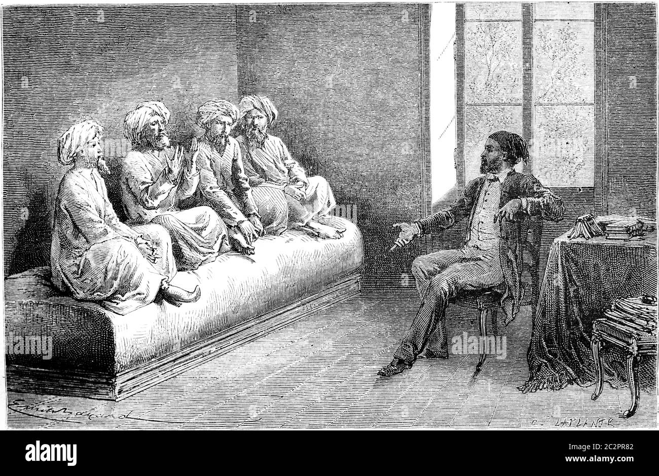Erstes Interview mit den sunnitischen Pilgern der Tataren in Teheran, Illustration mit Vintage-Gravur. Le Tour du Monde, Travel Journal, (1865). Stockfoto