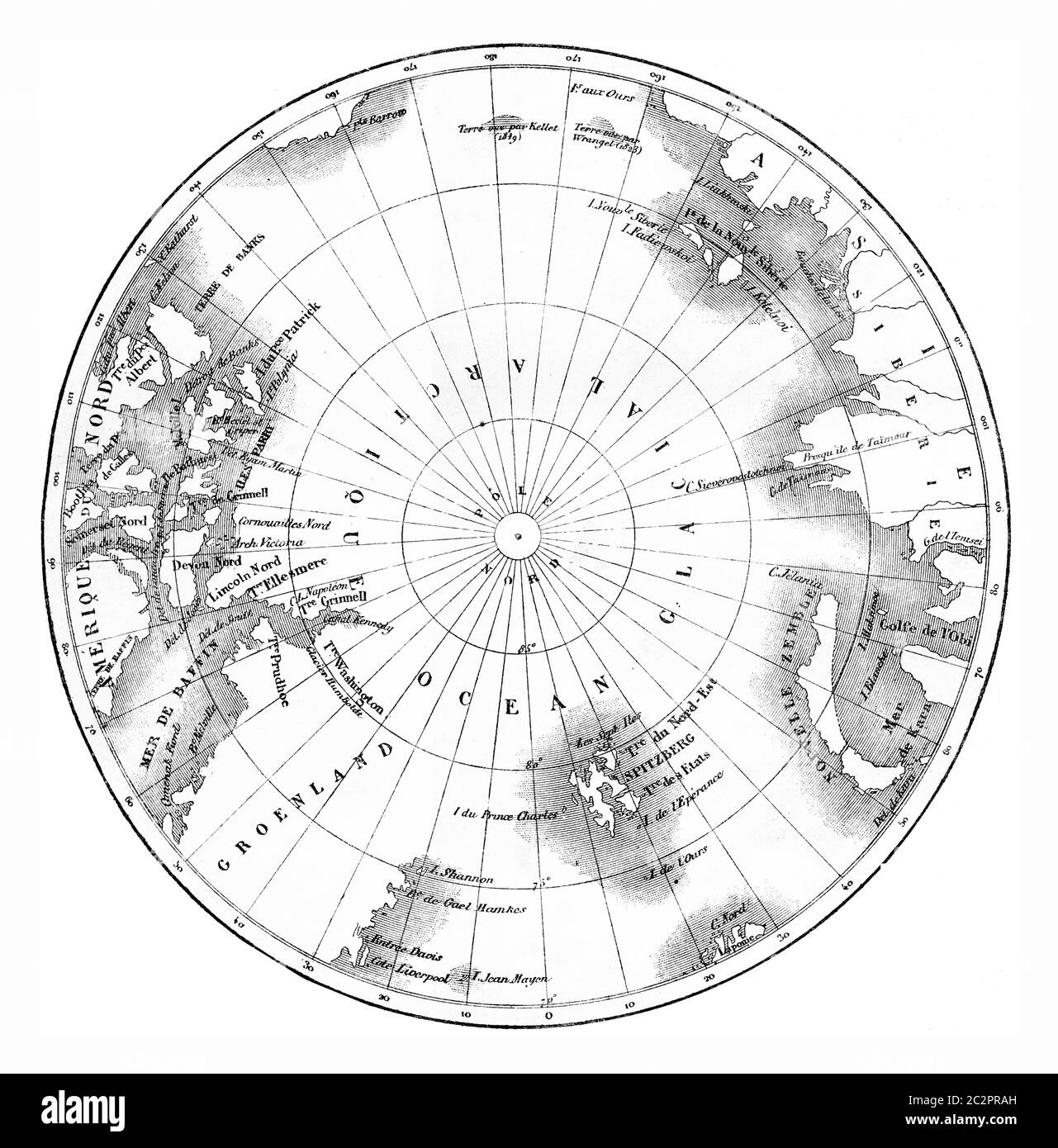 Karte zirkumpolare Regionen der nördlichen Hemisphäre. Vintage gravierte Abbildung. Le Tour du Monde, Travel Journal, (1865). Stockfoto