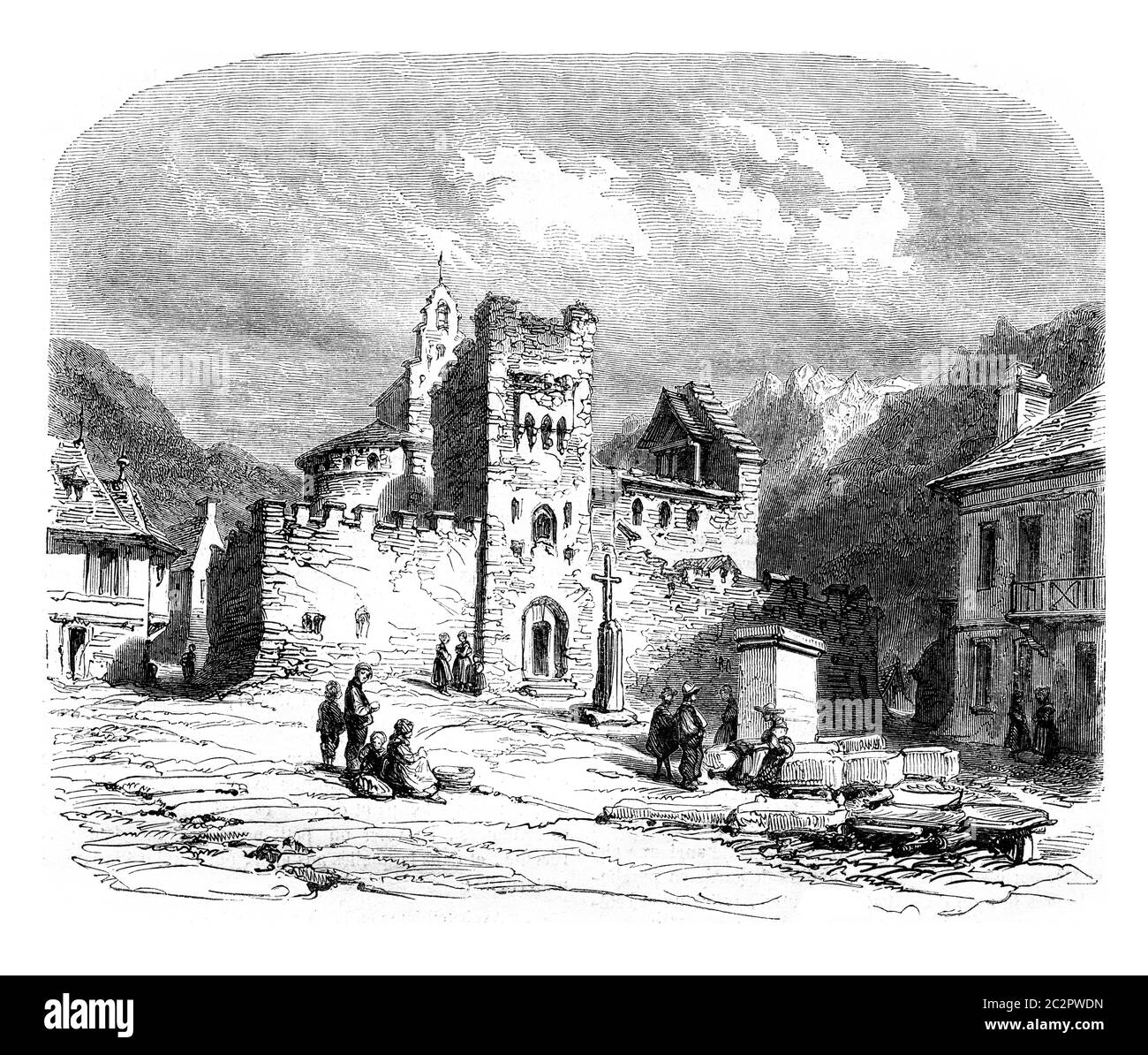 Kirche der Tempelritter war Luz, Vintage gravierte Illustration. Magasin Pittoresque 1852. Stockfoto