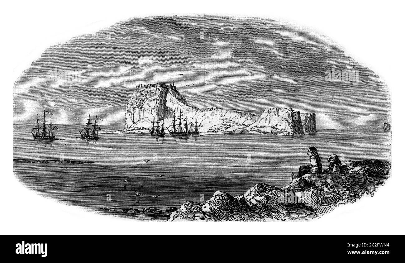 Ansicht des Felsens Carabousa von der Extremität des Kap Bousa während einer Expedition gegen die Piraten des Archipels aufgenommen, vintage gravierte Illustration Stockfoto