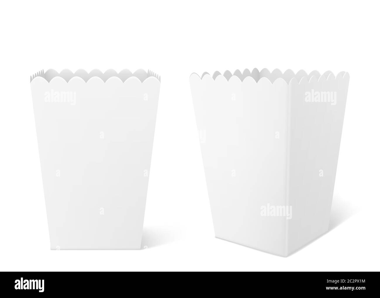 Weiße Papierbox für Popcorn isoliert auf Hintergrund. Vector realistische Nachbau von leeren Eimer für Popcorn, leere quadratische Packung für Huhn, Kartoffel und Snack im Kino Stock Vektor