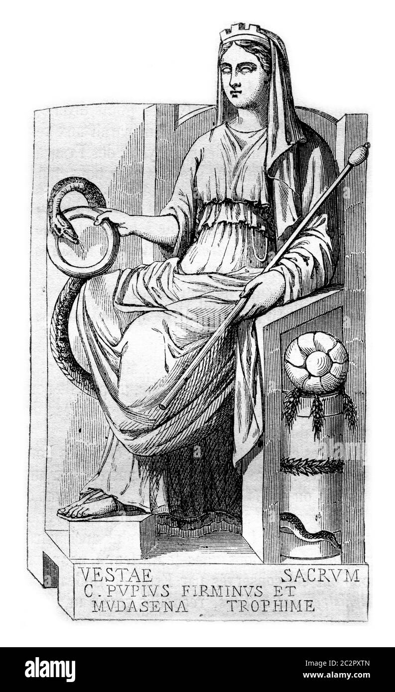 Vesta, Göttin der Bäcker, Illustration mit Vintage-Gravur. Magasin Pittoresque 1857. Stockfoto