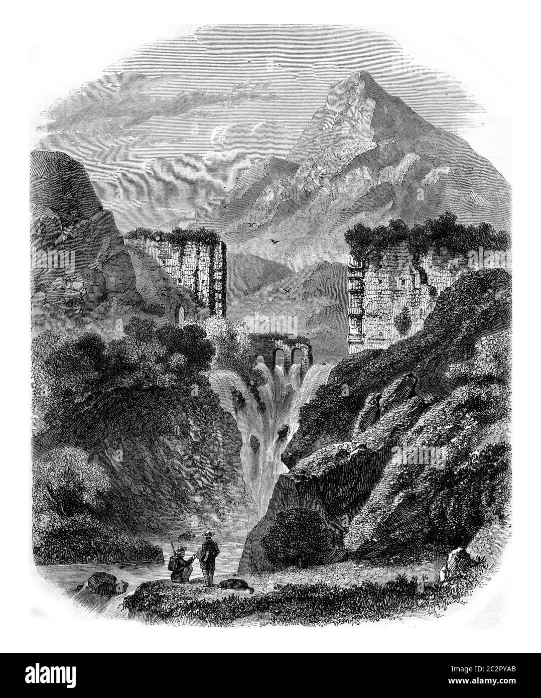 Cascade River Cause und römische Mauer bei Aix, Vintage gravierte Illustration. Magasin Pittoresque 1857. Stockfoto